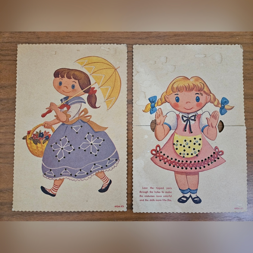 Set of 2 Vintage Lace Up Girls Dolls Paper Sewing Cards